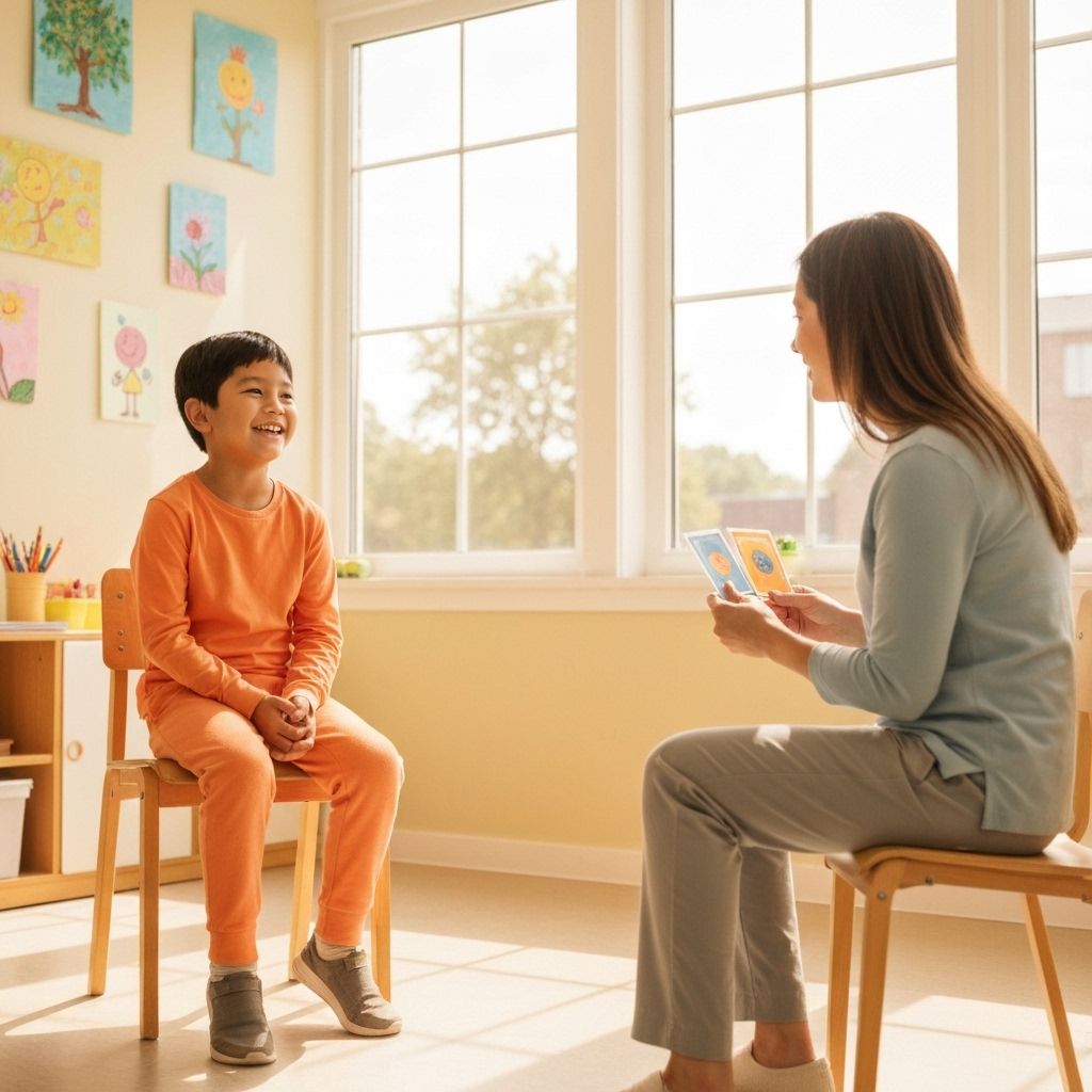 Smiling child practicing speech with a supportive therapist